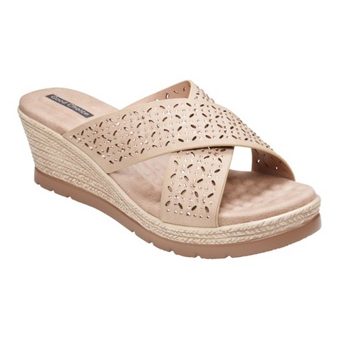 Gc Shoes Malia Gold 6 Embellished Cross Strap Comfort Slide Wedge