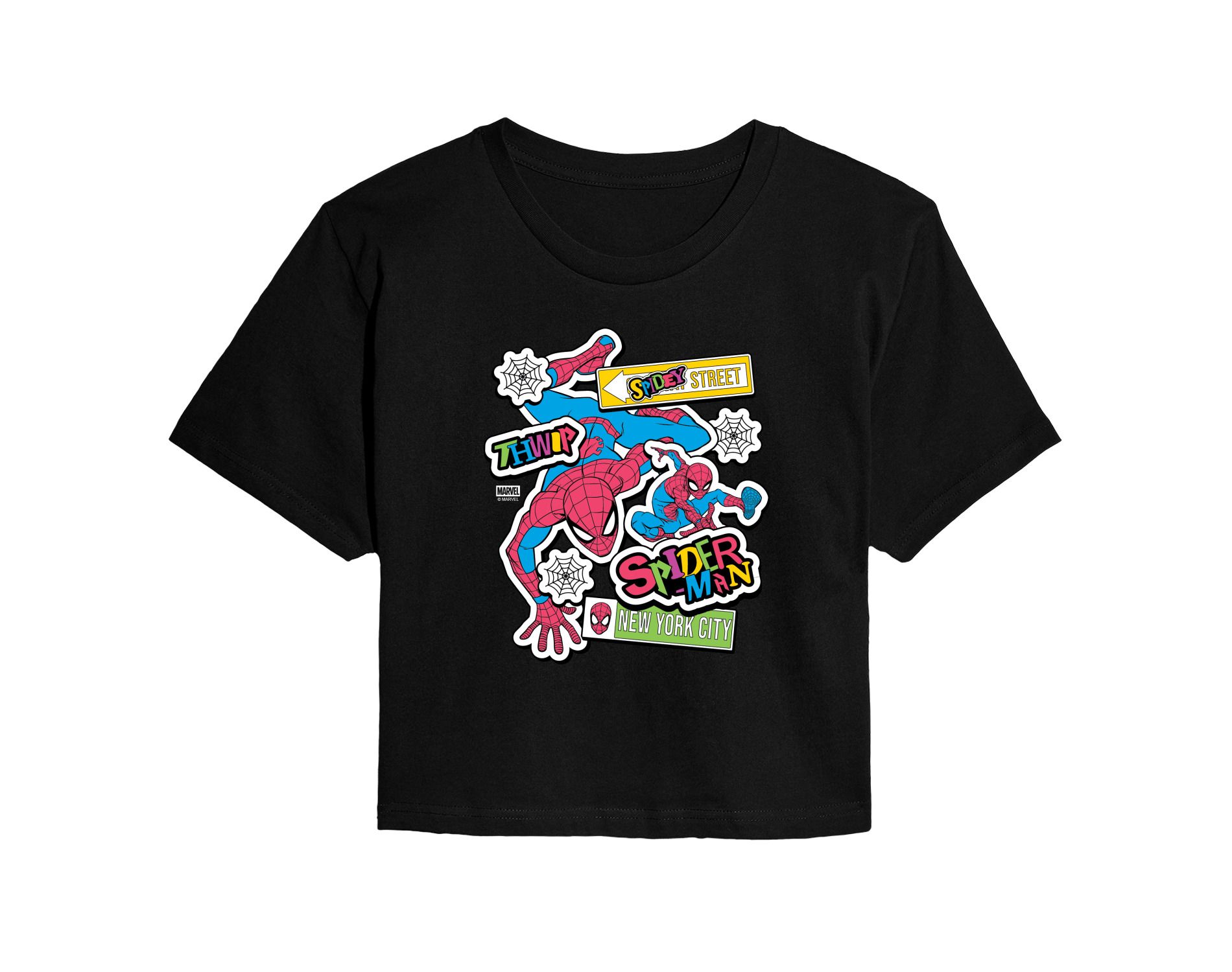 Women's Marvel Spidey Bright Stickers Cropped Graphic T-Shirt - Black - Medium