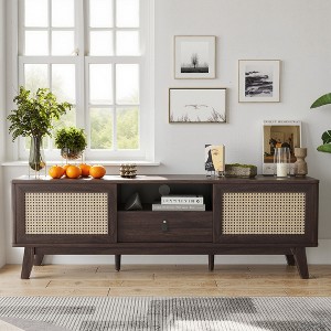 MAYEERTY Walnut 70"Rattan&Wood TV Stand, Boho Media Console with Drawer & 2 Cabinets for Living Room - 1 of 4