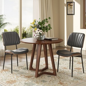 Modern Dining Chairs Set 2 Solid Wood Backrest Upholstered Pu Leather Dining Chairs - 1 of 4