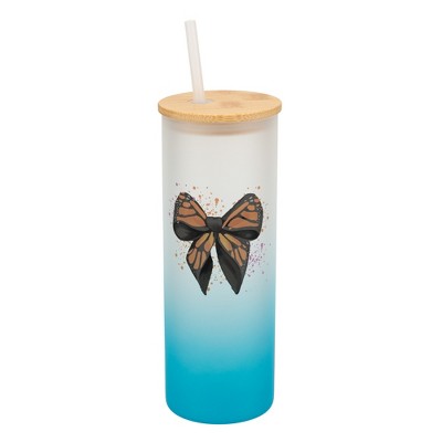 Elanze Designs 25 Ounce Frosted Glass Gradient Travel Tumbler With Straw and Wooden Lid, Orange Monarch Bow Sky Blue