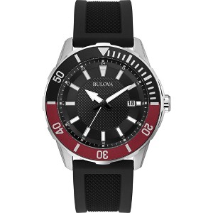 Bulova Men's Sport 3-Hand Date Quartz Watch with Black Silicone Strap, Red Accents 44mm - 1 of 2