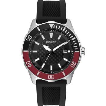 Bulova Men's Sport 3-Hand Date Quartz Watch with Black Silicone Strap, Red Accents 44mm