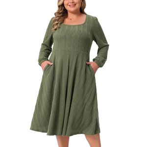 Women's Plus Size A Line Swing Square Neck Long Sleeve Casual Midi Knit Dresses with Pockets - Agnes Orinda - 1 of 4