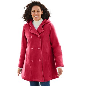 Woman Within Women's Plus Size Double-Breasted Hooded Fleece Peacoat - 1 of 4