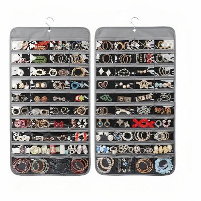Double-Sided Hanging Jewelry Organizer with 80 Pockets, Over-Door Closet Storage for Earrings, Necklaces, Bracelets Rings, Gray