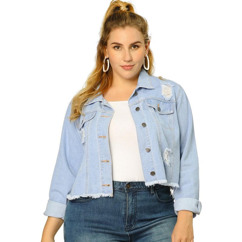 Agnes Orinda Women's Plus Size Washed Ripped Distressed Cropped Frayed Denim Jacket, 5 of 8
