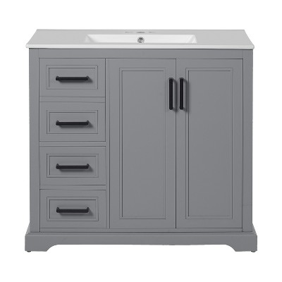 Vynxaria 36-Inch Modern Bathroom Vanity - Ceramic Sink, 2 Soft-Close Doors, 3 Drawers - Ideal for Small-Medium Bathrooms£¬ Gray