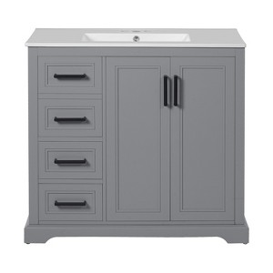 Vynxaria 36-Inch Modern Bathroom Vanity - Ceramic Sink, 2 Soft-Close Doors, 3 Drawers - Ideal for Small-Medium Bathrooms£¬ Gray - 1 of 4