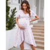 Coolmee Women Maternity Dress Cross V Necks Lantern Short Sleeve Tie High Waist A-Line Irregular Hem Summer Midi Dress - 3 of 4
