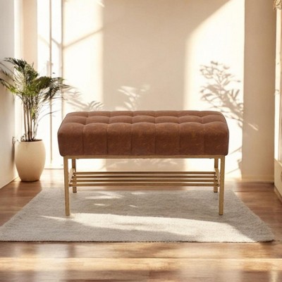 Alilang 14.20 inch Tufted Faux Leather Bench with Gold Metal Frame and Lower Storage Shelf-Brown