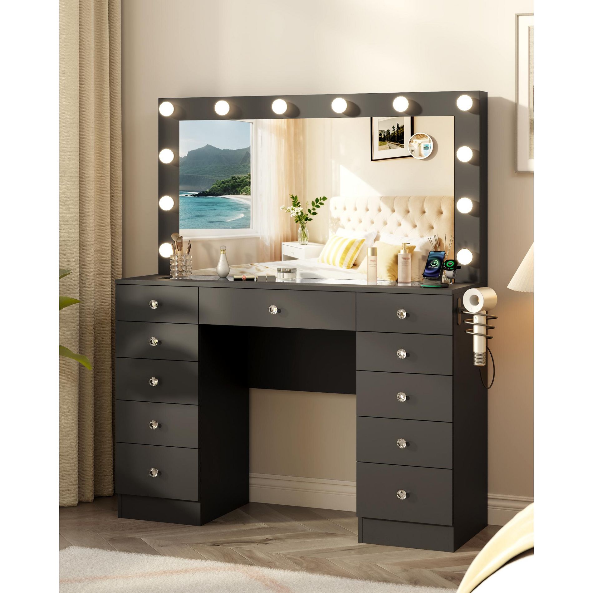 Makeup Vanity with Glass Top, 11 Drawers Vanity with Mirror and 12 LED Lights, Vanity Desk with 3 Lighting Modes Adjustable Brightness