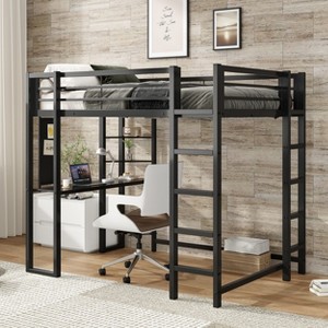 Twin Size Metal Loft Bed with Desk and Storage Shelves, Space-Saving Loft Bed Frame with Guardrails and Ladder for Boys, Girls, and Teens-- Frevyn - 1 of 4