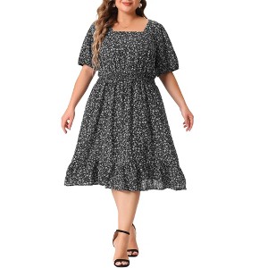 Agnes Orinda Women's Plus Size Floral Ruffle Hem Square Collar Empire Waist Dresses - 1 of 4