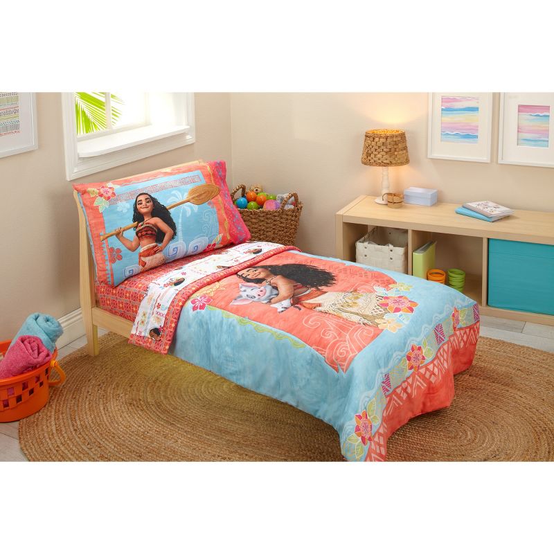 Disney Moana Ocean Spirit Coral, Aqua, Yellow and White, Pua Pig 4 Piece Toddler Bed Set, 1 of 7