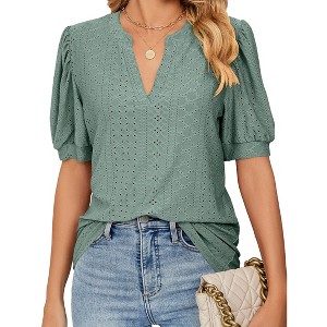 Women's Summer T-Shirt Casual V-Neck Hollow Out Puff Short Sleeve Top - 1 of 4