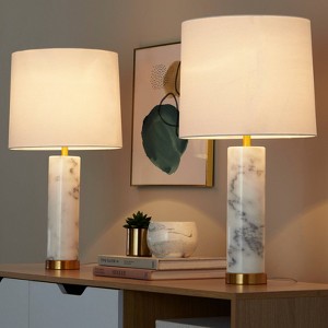 LumiSource (Set of 2) Marabella 26" Contemporary Marble Table Lamps White Marble and Brass Metal with White Linen Shade - 1 of 4