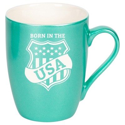 100 North United States of America 10 Ounce Seafoam Metallic Finish, Comfortably Fits Your Hands, New Bone China Coffee Tea Cup Mug, Born In The USA