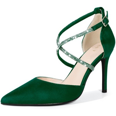 BLISSFUL STEP Women's Pointed Toe Ankle Strap Rhinestone Pumps
