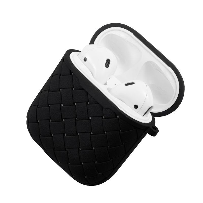 Insten Case Compatible with AirPods 1 & 2 - Weave Shape Protective Skin Cover with Keychain, Black, 4 of 10