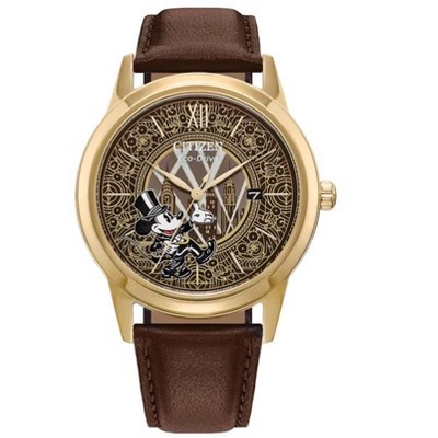 Disney Citizen Eco-Drive Watch Special Edition Disney 100 Mickey Mouse Fan Fare Gold Stainless and Pin Box Set, Brown Leather Strap