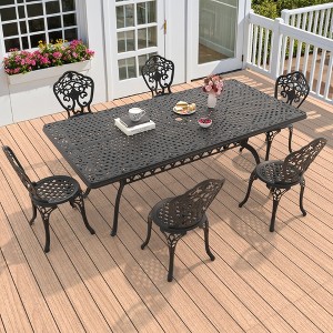 7-Piece Patio Set: Rectangle Table & 6 Chairs - Cast Aluminum, All-Weather/Umbrella Hole & Adjustable Legs for Balcony/Backyard - 1 of 4