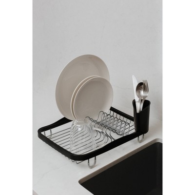 Black and Silver Metal Dish Rack with Utensil Cup