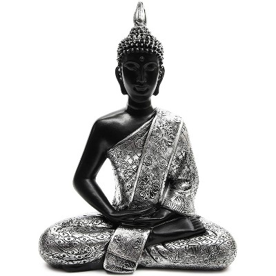 Juvale Meditating Buddha Statue for Home and Garden Decor, Resin, Black & Silver, 11"