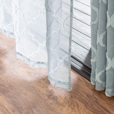 Tan Turquoise Moroccan Textured Sheer Grommet Window Curtain Panels, 52 x 63 in