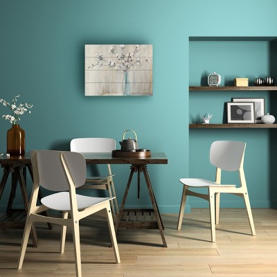 Cotton Bouquet Still Life Wood Slat Art in Beige and Blue