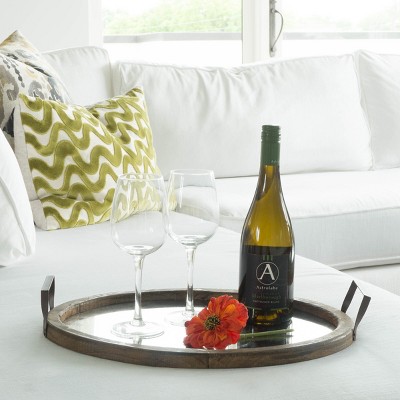 Rustic Oval Distressed Wood Tray with Antique Mirror Base