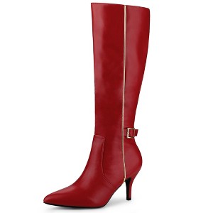 Allegra K Women's Pointy Toe Buckle Decor Side Zip Stiletto Heel Knee High Sock Boots - 1 of 4
