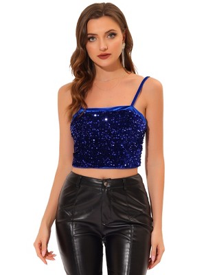 INSPIRE CHIC Women's Club Party Velvet Spaghetti Strap Crop Sequined Cami Top