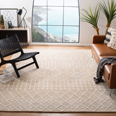 Beige and Ivory Floral Wool Rectangular Area Rug, 9' x 12'