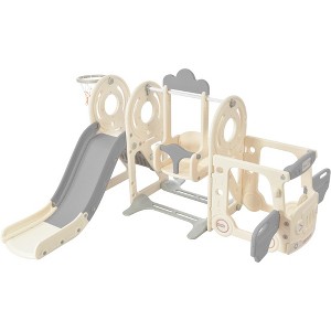 Children's Swing-N-Slide with Bus Play Structure, Toddler Freestanding Bus Toy with Slide and Swing, Bus Slide Set with Basketball Hoop Gray As shown - 1 of 4