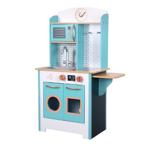 Teamson Kids Little Chef Santos Small Retro Pretend Play Kitchen with Chalkboard Panels & Play Kitchen Accessories, Aqua/White/Natural - 1 of 4