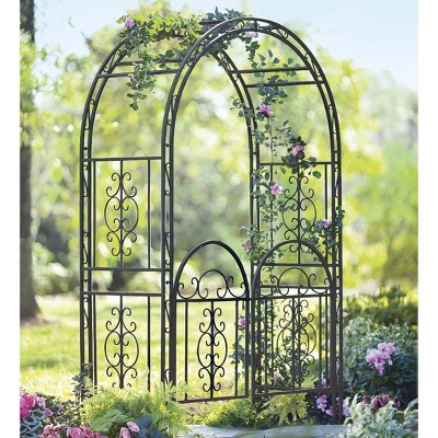 Plow & Hearth Arch Metal Outdoor Garden Arbor Double Gate | Montebello | 7 feet tall | Gunmetal Black | Trellis Lattice Climbing Plants