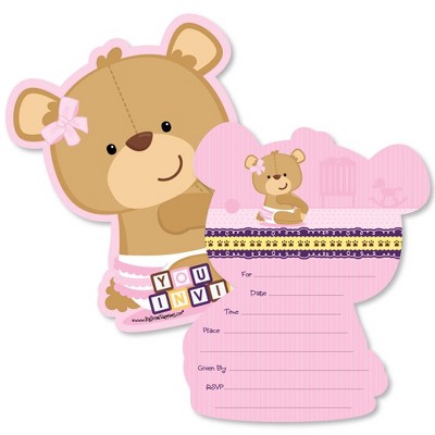Big Dot of Happiness Baby Girl Teddy Bear - Shaped Fill-in Invitations - Baby Shower Invitation Cards with Envelopes - Set of 12