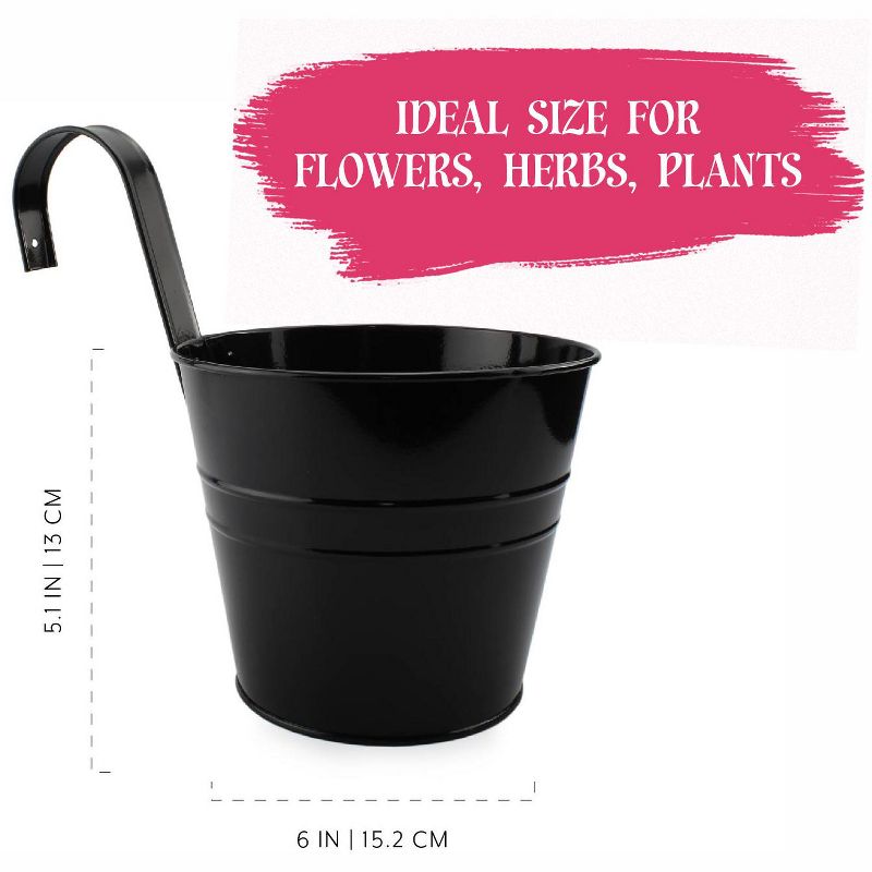 Darware Black Hanging Flower Pots, 5pk; 6in Metal Planter Buckets w/ Hooks for Fence / Balcony Railing, 3 of 8