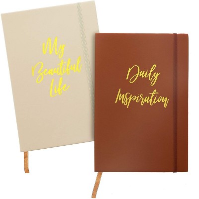 Paper Junkie 2-Pack Faux Leather Inspirational Journal Lined Notebook (5.4 x 8.3 In, 240 Kraft Pages)