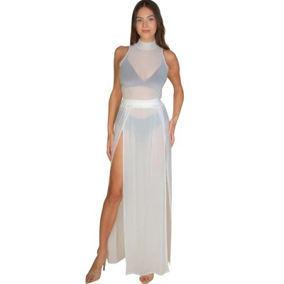 Slickblue Women's Mesh Mock Neck Sleeveless Top, Stretchy Sheer Jersey, Flattering Fit, White, Size S-L