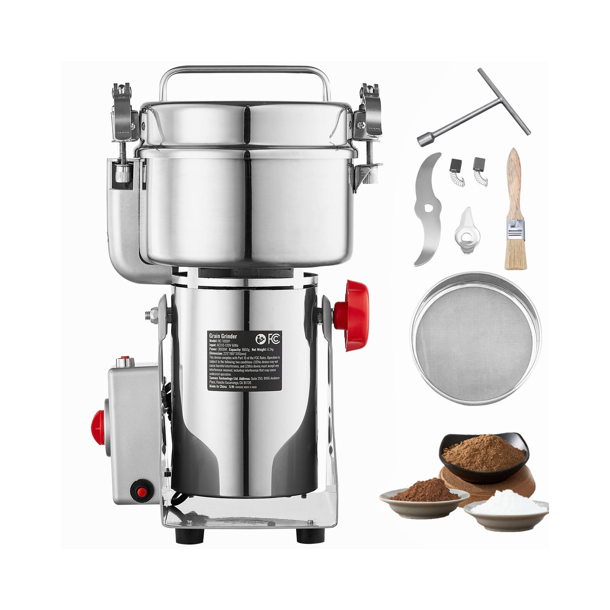 VEVOR 1000g Electric Grain Mill Grinder, High Speed 3000W Commercial Spice Grinders, Stainless Steel Pulverizer Powder Machine