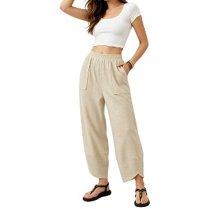 Womens Elastic Waist Cropped Pants High Waist Loose Fit Tapered