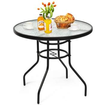 Tangkula Patio Round Table Patio Furniture Steel Frame Dining Table w/ Glass Top