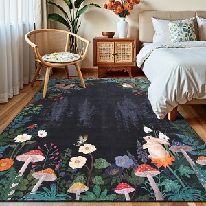 2x6FT Modern Washable Area Rug, Jungle Animal Print Nursery Bedroom Rug with Non Slip Backing, Low Pile Stain Resistant Floor Carpet, Black - 1 of 4