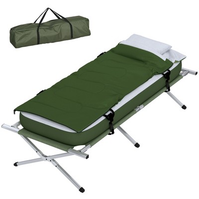 Outsunny Green Folding Camping Cot with Mattress and Pillow