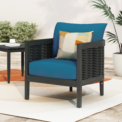 Outdoor Acacia Wood Club Chair with Cushions, Weather-Resistant Wicker Accent, Deep Seating for Patio, Garden & Backyard-Coolbibila