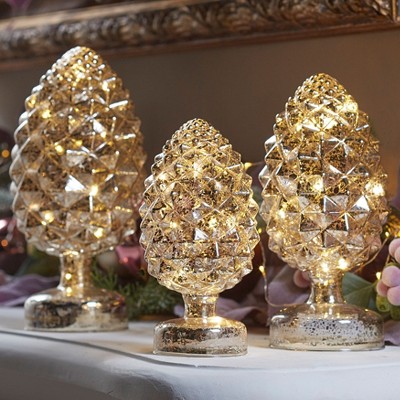 BrylaneHome Pre-Lit Mercury Glass Pinecones, Set Of 3