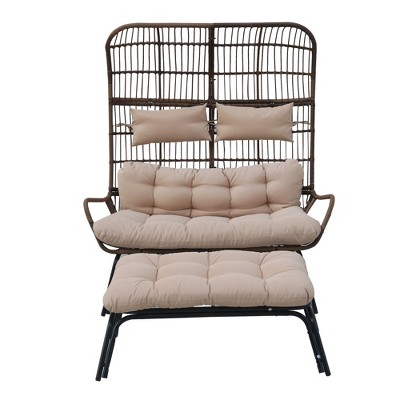 Indoor Outdoor Double Egg Chair with Ottoman Padded Cushions,Wicker Lounge Chair Deep Seating Chair with Footrests,Loveseat for Patio Porch Backyard