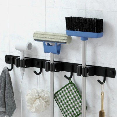 LunaLulinlk Mop Broom Holder Wall Mount,Stainless Steel Garage Organizer Saving Wall-Mounted Broom Hanger,3 Racks 4 Hooks,Black